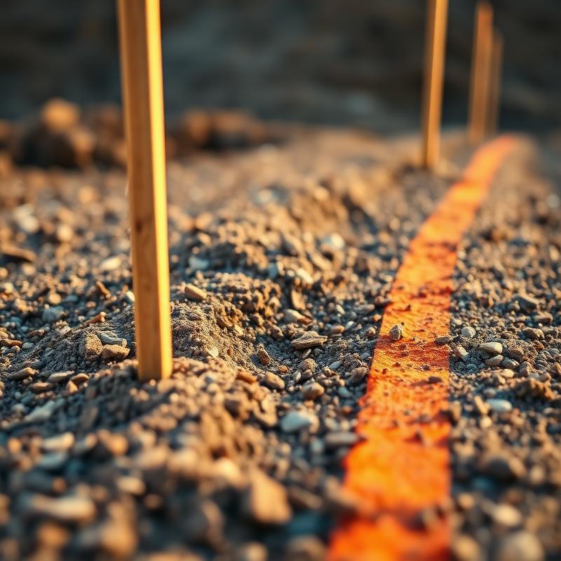 Grade stakes and orange utility marking on graded earth